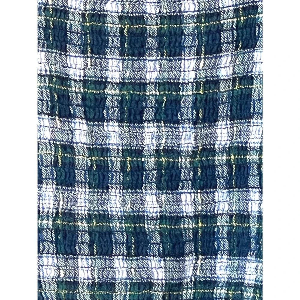 American Eagle Women Green Plaid Smocked Puff Sleeve Medium Crop Square Neck Top